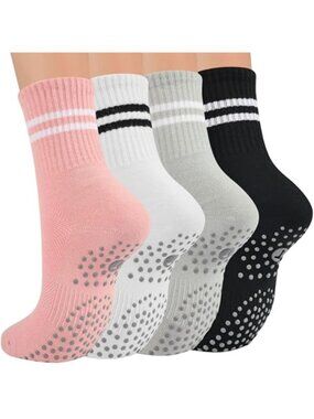 Pilates Socks Non Slip Gripper Yoga Barre Sticky Crew Socks Women 4 Pack